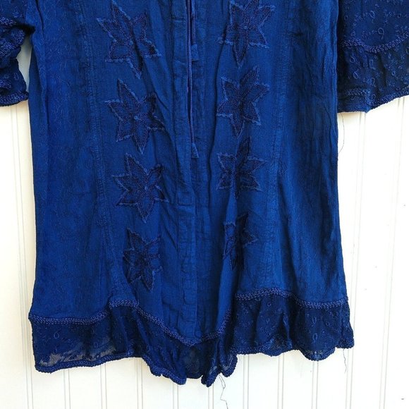 Holy Clothing Rachelle Tunic Top Size XL 1X Blue Ruffle Embroidered Tassels - Picture 6 of 11